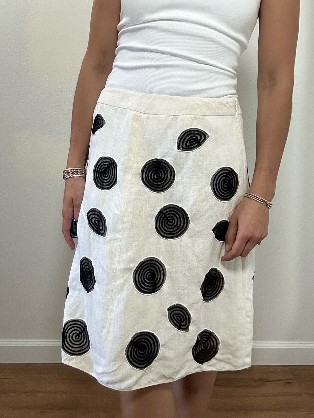 Vintage Y2K Etcetera Beige Linen Black Swirl Sheer A-line Skirt Knee Length S
